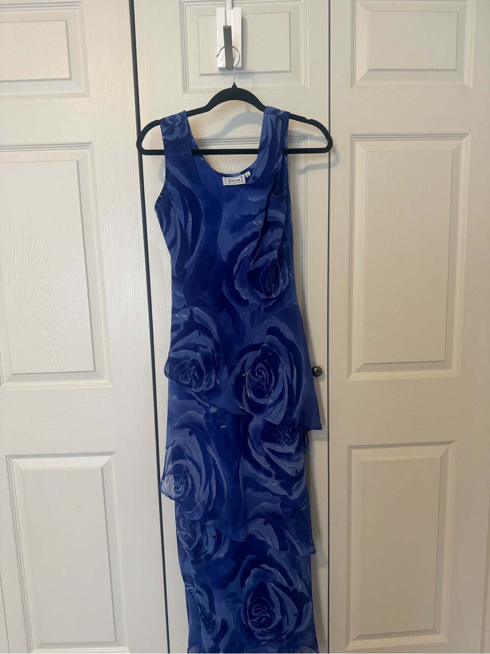 Vintage Navy Blue Rose-Print Maxi Dress